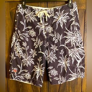 Men's Y2K Polo Black Floral Swim Trunks with White Print